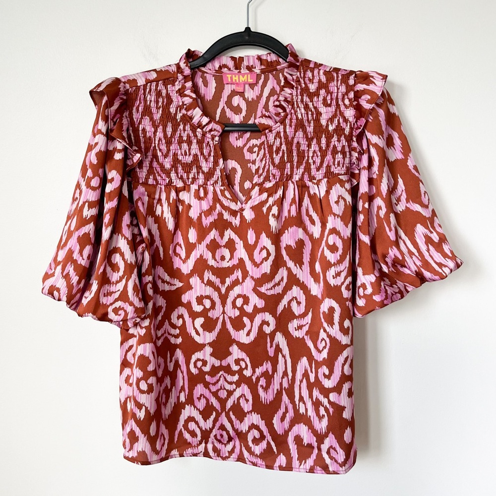 THML Ikat Print Smocked Ruffle Puff Sleeve Top Brown Pink Womens Large